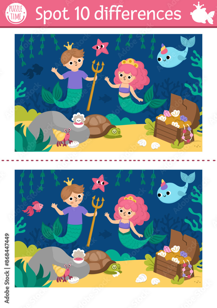 Fototapeta premium Find differences game for children. Mermaid educational activity with sea princess, merman, treasure chest. Cute puzzle for kids. Printable worksheet or page for logic and attention skills.