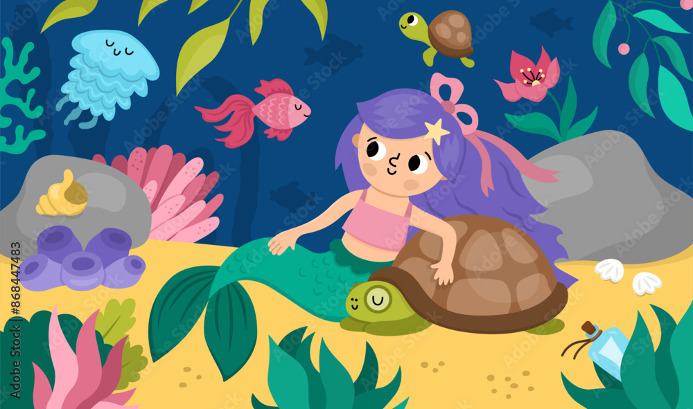 Fototapeta premium Vector landscape illustration with mermaid with purple hair sitting on sand, hugging tortoise. Ocean, sea kingdom scene with seaweeds, fish, marine princess. Cute horizontal fairytale background