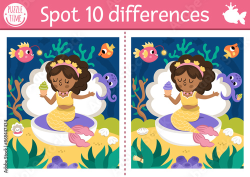 Find differences game for children. Mermaid educational activity with sea princess with cupcake in seashell. Cute puzzle for kids. Printable worksheet or page for logic and attention skills.