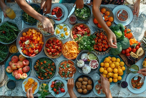 A table full of food with a group of people gathered around it