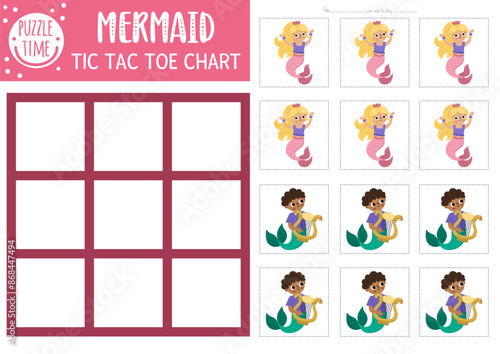 Vector mermaid tic tac toe chart with merman and sea princess. Ocean kingdom board game playing field with cute characters. Funny marine fairytale printable worksheet. Noughts and crosses grid .