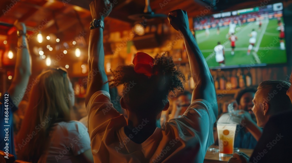Obraz premium Group of Football Fans Watching a Live Match Broadcast in a Sports Pub on TV. People Cheering, Supporting Their Team. 