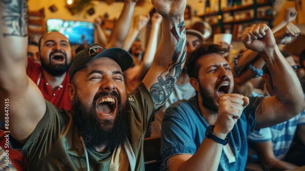 Obraz premium Group of Football Fans Watching a Live Match Broadcast in a Sports Pub on TV. People Cheering, Supporting Their Team. 