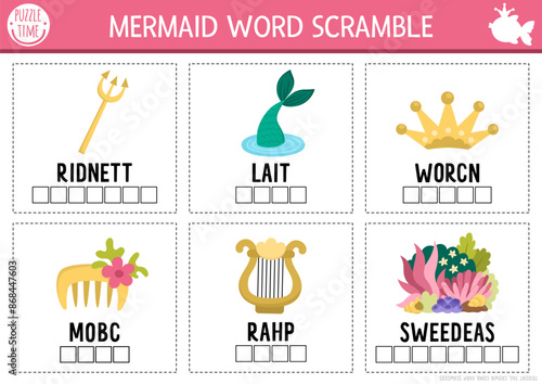 Vector mermaid activity page with word scramble cards. English language game with sea princess tail, trident, harp for kids. Ocean kingdom family quiz. Marine educational printable worksheet.