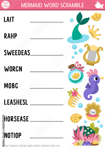 Vector mermaid word scramble activity page. English language game with sea princess tail, seahorse for kids. Ocean kingdom family quiz with vehicles. Marine educational printable worksheet.