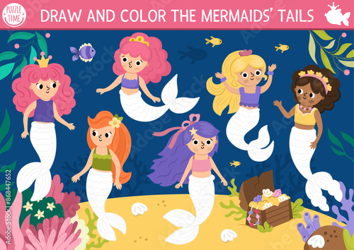 Mermaid drawing, writing, tracing and coloring activity for kids with sea princess and tails. Ocean kingdom preschool printable activity. Marine fairytale game, puzzle with cute girls