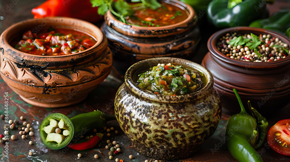 close up Colorado's local cuisine, featuring various bowls of chili, fresh salsa, guacamole. close up Colorado's local cuisine, featuring various bowls of chili, fresh salsa, guacamole.