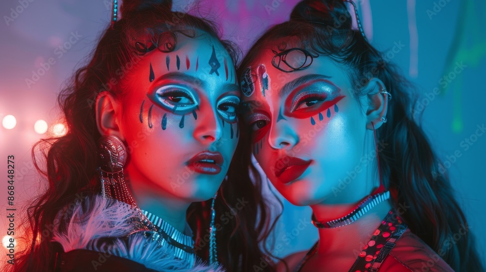 Fototapeta premium Two Young Girls with Detailed Day of the Dead Makeup. Dia de los Muertos Makeup. Generative ai