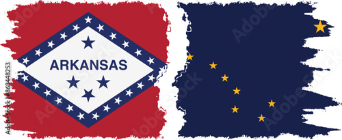 Alaska and Arkansas states grunge brush flags connection, vector