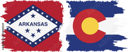 Colorado and Arkansas states grunge brush flags connection, vector