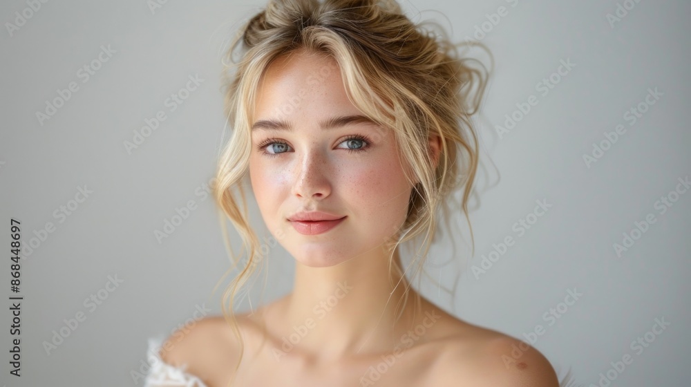 Serene Blonde Woman with Delicate Freckles Portrait Serene Blonde Woman with Delicate Freckles Portrait