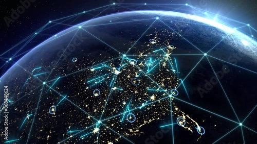 Dynamic exchange of data, connections and information across the world. Concept of global interconnection, communication. Tech earth globalization. Transfer of Web data. Network over America. 4k.