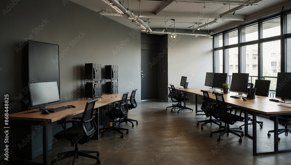 Office coworking interior with pc monitors on tables, window. Empty wall Office coworking interior with pc monitors on tables, window. Empty wall