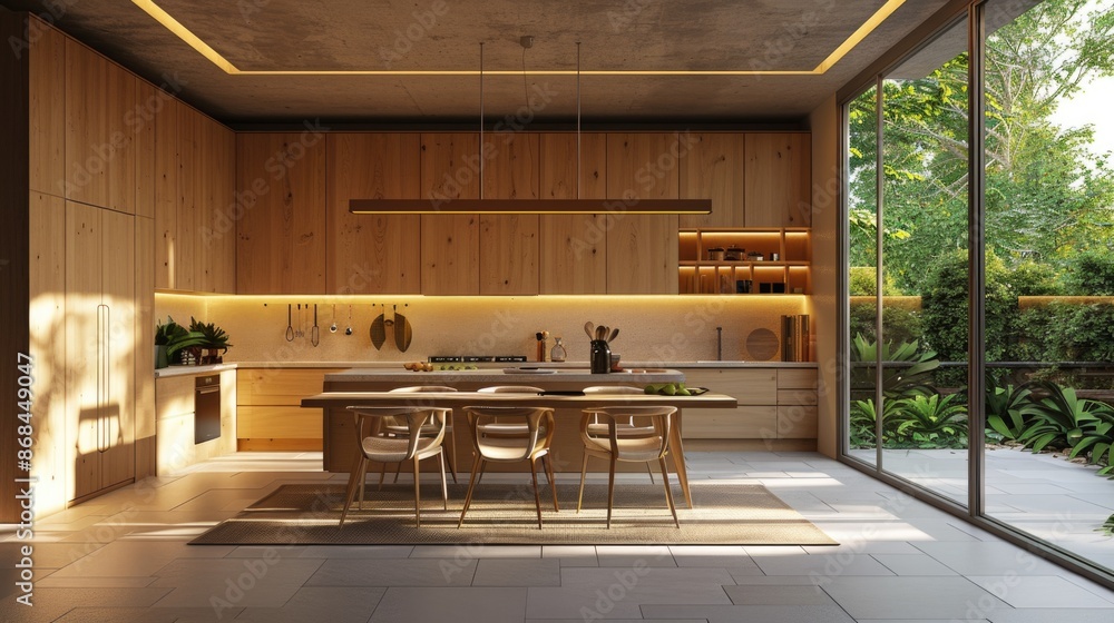 Modern Wooden Kitchen Interior with Garden View at Dusk Modern Wooden Kitchen Interior with Garden View at Dusk
