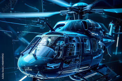 A high-tech helicopter rendered in a digital blue style, showcasing intricate details and futuristic design elements. © Prasanth