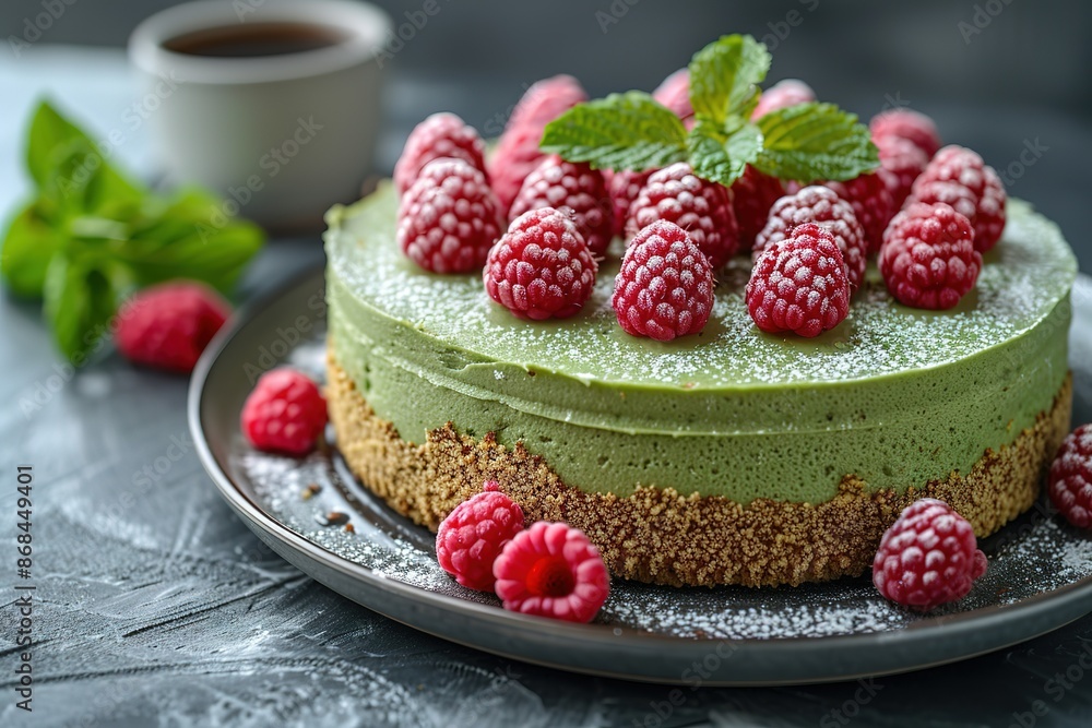 A green cake with raspberries on top A green cake with raspberries on top