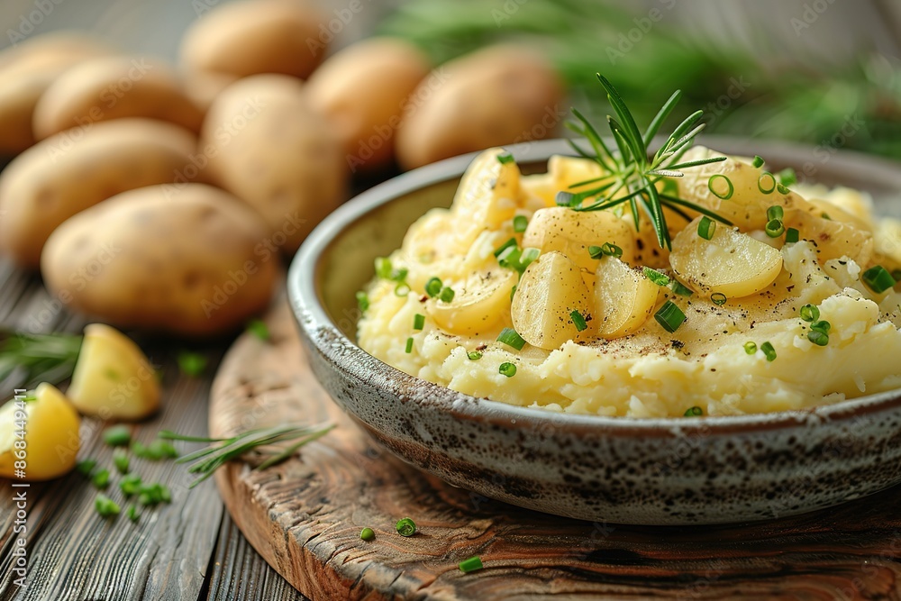 A bowl of mashed potatoes with parsley and garlic on top A bowl of mashed potatoes with parsley and garlic on top
