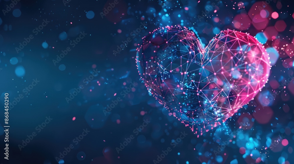 Digital Network Heart with Pink and Blue Polka Dots on Dark Blue Background Digital Network Heart with Pink and Blue Polka Dots on Dark Blue Background