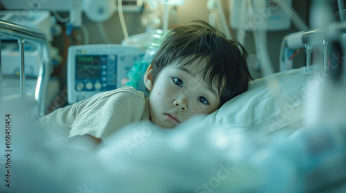 A small Japanese child suffering from malaria lies in a hospital room, Ai generated Images