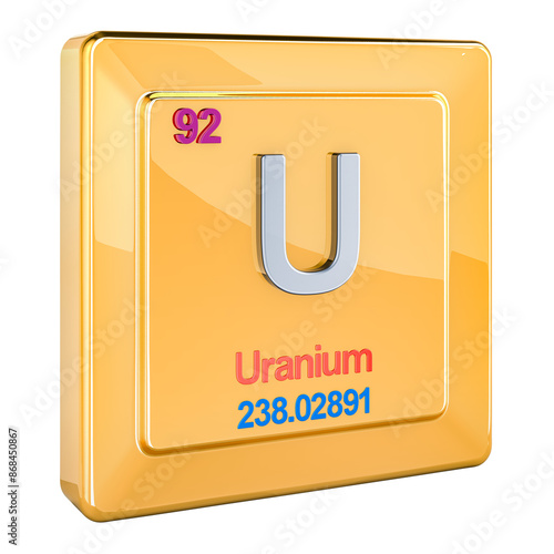 Uranium U, chemical element sign with number 92 in periodic table. 3D rendering isolated on transparent background