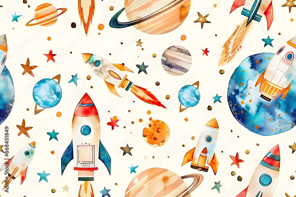 A colorful illustration of rockets and stars in watercolor style on a white background, perfect for use in designs related to space exploration or astronomy A colorful illustration of rockets and stars in watercolor style on a white background, perfect for use in designs related to space exploration or astronomy
