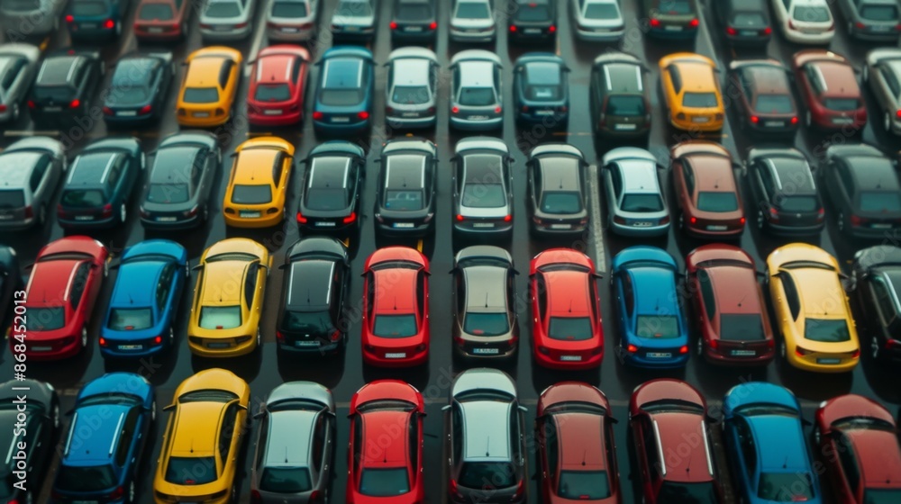 Fototapeta premium Top view of the crowded Parking lot with quadcopter or drone. Parking space search, No parking