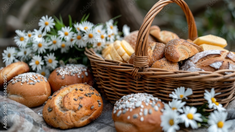 Create a scene of families picnicking in a sunny park on Easter Sunday, with baskets filled with sandwiches, fruit, and Create a scene of families picnicking in a sunny park on Easter Sunday, with baskets filled with sandwiches, fruit, and