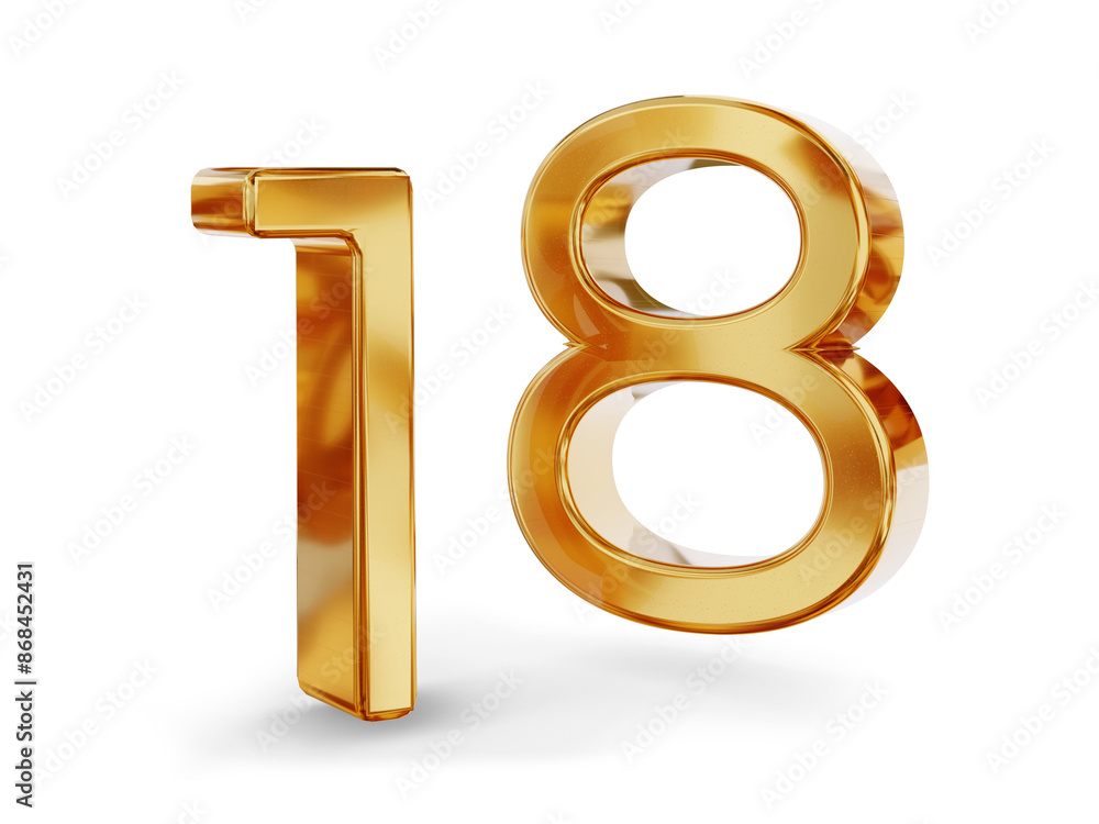 18 eighteen, number golden metallic, jublee or years, age and birthday or rate as 3d-illustration, gold colored icon as symbol, isolated 18 eighteen, number golden metallic, jublee or years, age and birthday or rate as 3d-illustration, gold colored icon as symbol, isolated
