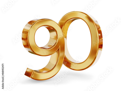 90 ninety, number golden metallic, jublee or years, age and birthday or rate as 3d-illustration, gold colored icon as symbol, isolated photo