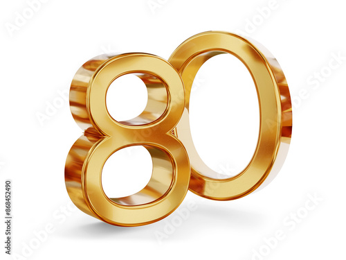 80 eighty, number golden metallic, jublee or years, age and birthday or rate as 3d-illustration, gold colored icon as symbol, isolated