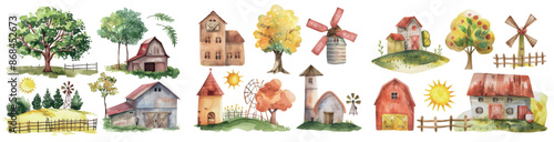 Nature and farm house watercolor illustration set.