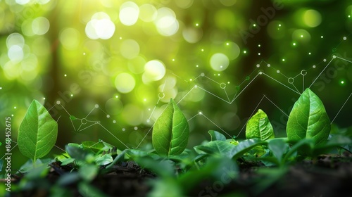 Eco-investment report with green leaves and upward trends, illustration background