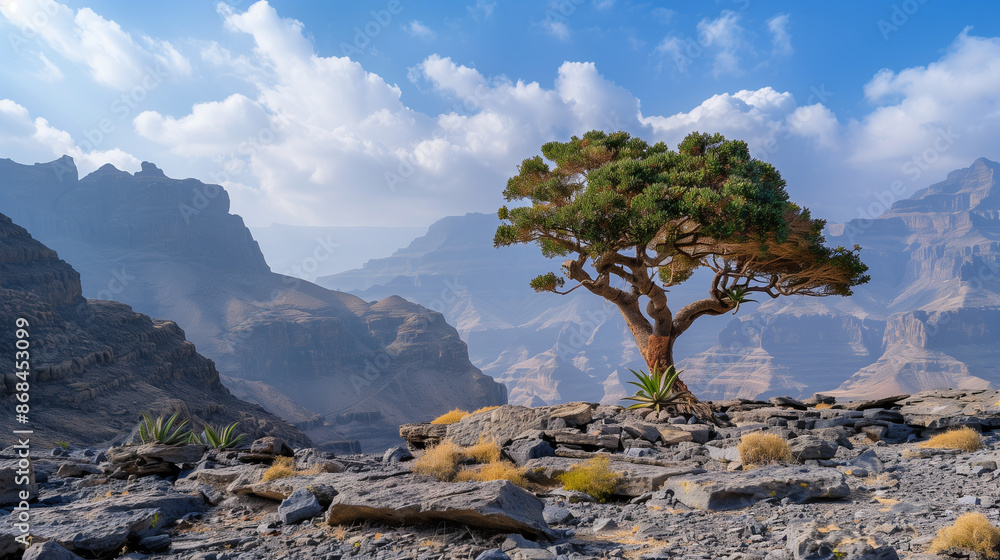 Dracaena cinnabari trees thrive on rocky soil with striking red trunks, Ai generated images Dracaena cinnabari trees thrive on rocky soil with striking red trunks, Ai generated images