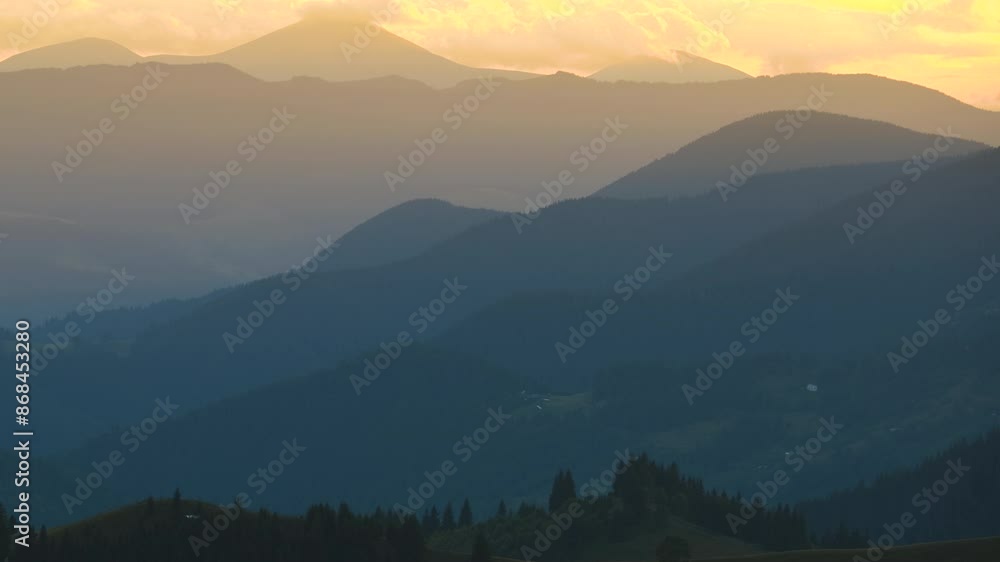 Timelapse of peasant homes on hillside. Amazing mountain landscape. Colorful sunset in wild national park highlands with dark spruce woods Timelapse of peasant homes on hillside. Amazing mountain landscape. Colorful sunset in wild national park highlands with dark spruce woods