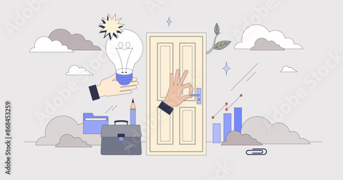 Opportunity in business as door opening tiny person neubrutalism concept. Business possibilities and new chance taken for growth and success vector illustration. Ambitious action for new achievements