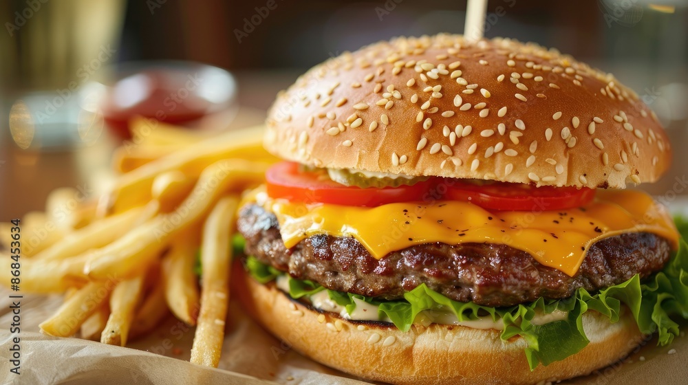 A classic American cheeseburger with fries on the side A classic American cheeseburger with fries on the side