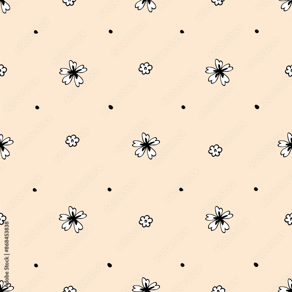 Fototapeta premium Simple floral geometric vector seamless pattern. White small flowers, dots on a light beige-pink background. For prints on fabrics, textiles, packaging. For men's shirts.
