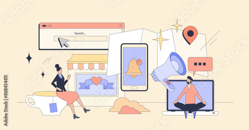 Local digital marketing campaign strategies tiny person neubrutalism concept. Store advertisement using location services for effective targeted audience vector illustration. GPS ads in smartphone.