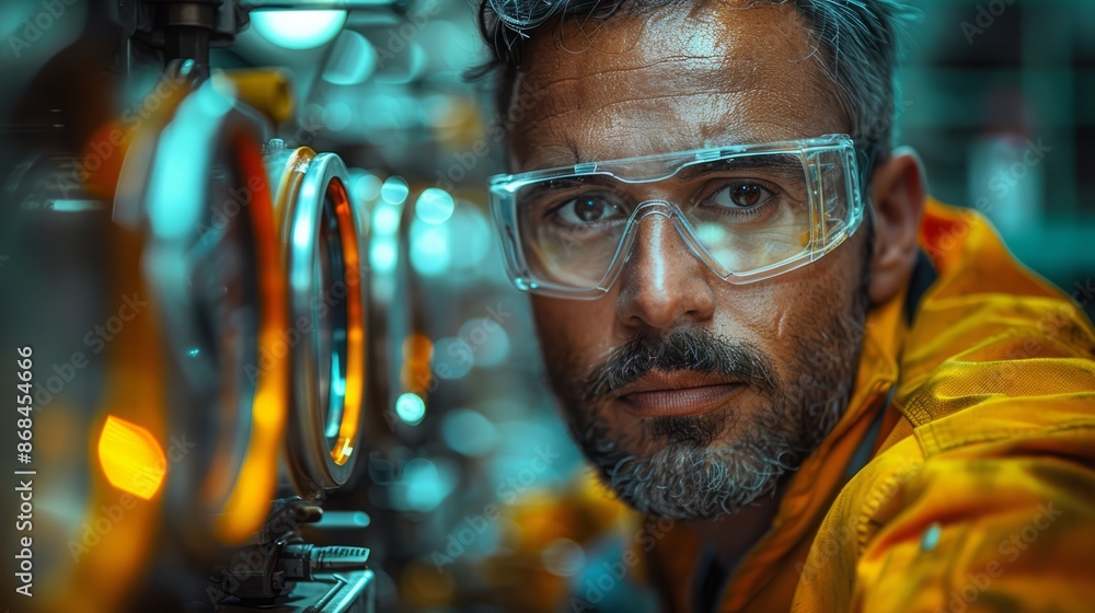 Man working in a factory A Latino man working in a factory, wearing work clothes and safety glasses Man working in a factory A Latino man working in a factory, wearing work clothes and safety glasses