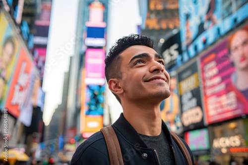 Tourists standing in Times Square, looking up at billboards. The sun is shining and the scene is bright, and the city is bustling with people enjoying their time in New York. Travel concept. 