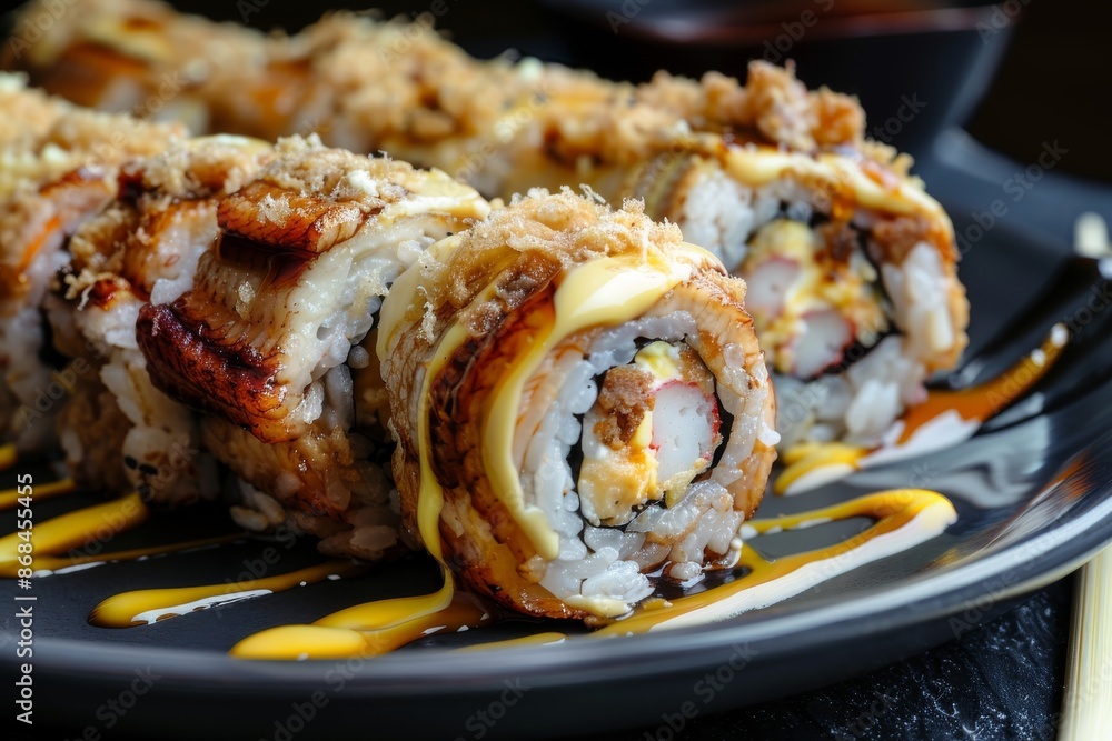 Eating Sushi Rolls with Chopsticks in Hands, Taking Sushi Roll, Eating Susi in Japanese Restaurant Eating Sushi Rolls with Chopsticks in Hands, Taking Sushi Roll, Eating Susi in Japanese Restaurant