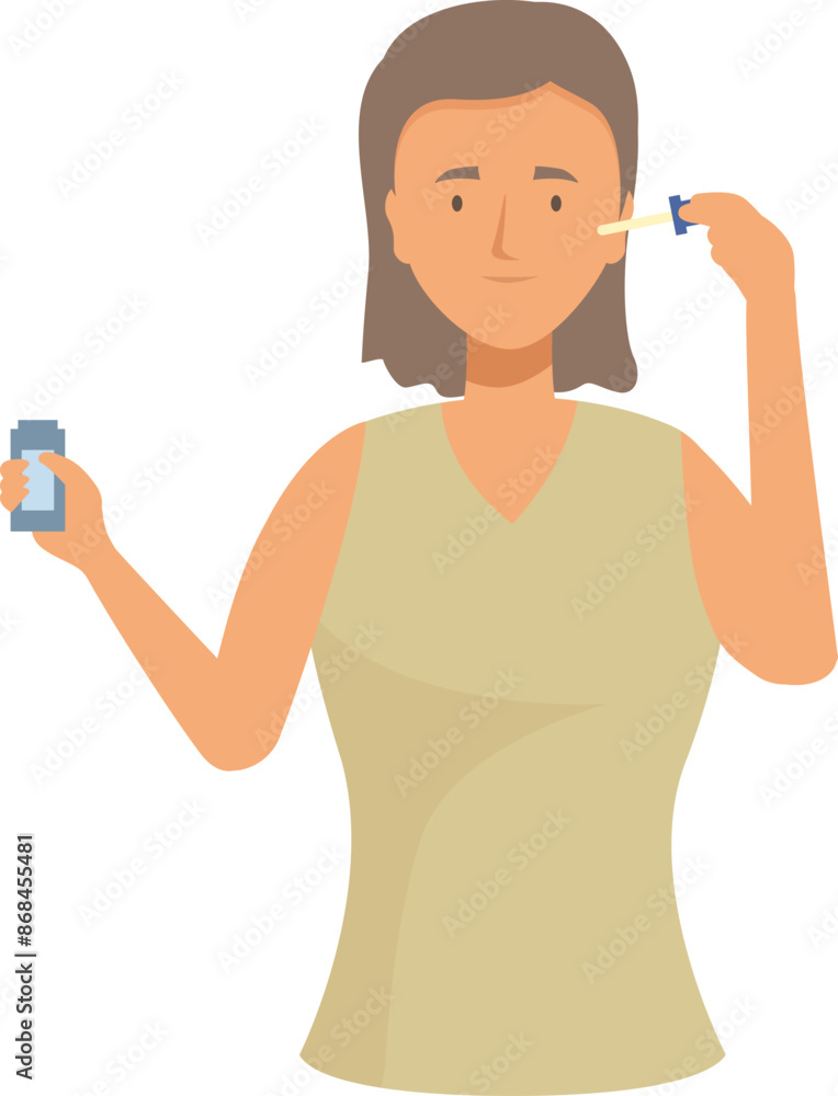 Woman applying cosmetic serum on her face, holding a bottle in her other hand Woman applying cosmetic serum on her face, holding a bottle in her other hand