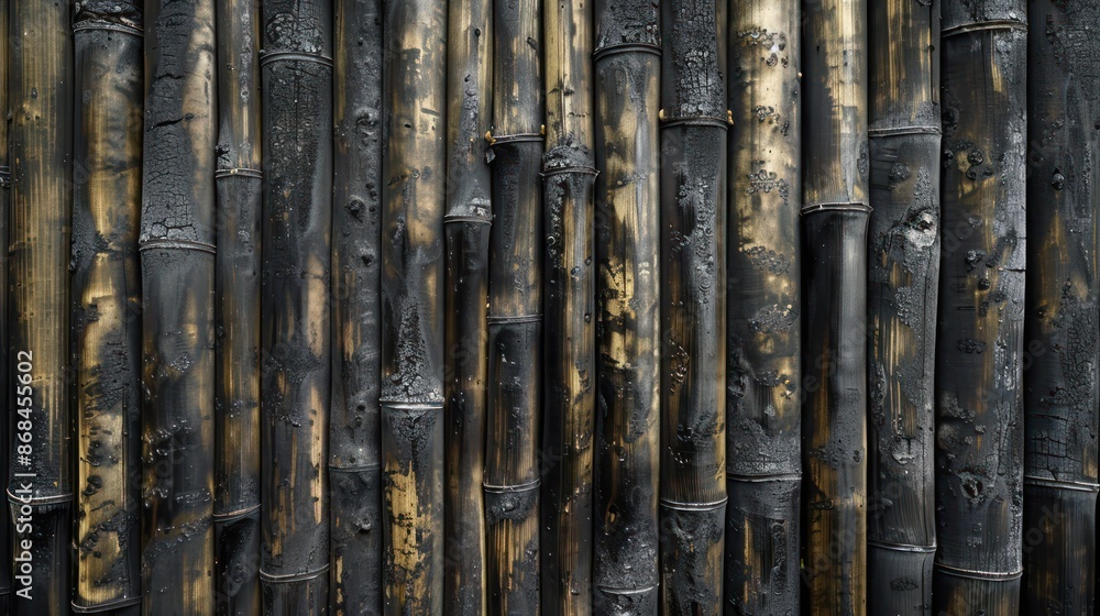 Screen wall composed of vertical bamboo poles, charred using the Shou Sugi Ban technique for durability and a deep, rich finish Screen wall composed of vertical bamboo poles, charred using the Shou Sugi Ban technique for durability and a deep, rich finish