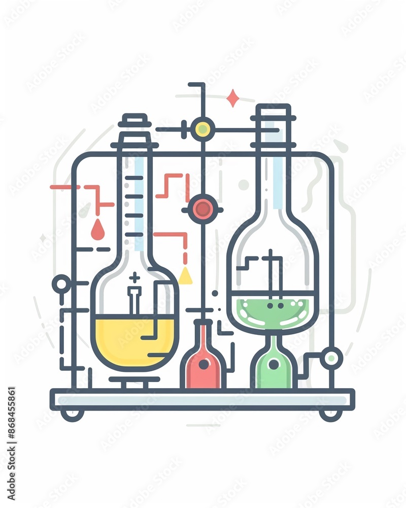 Analysis of different chemicals using chemistry synthesis. Science illustration design art isolated on a white background Analysis of different chemicals using chemistry synthesis. Science illustration design art isolated on a white background