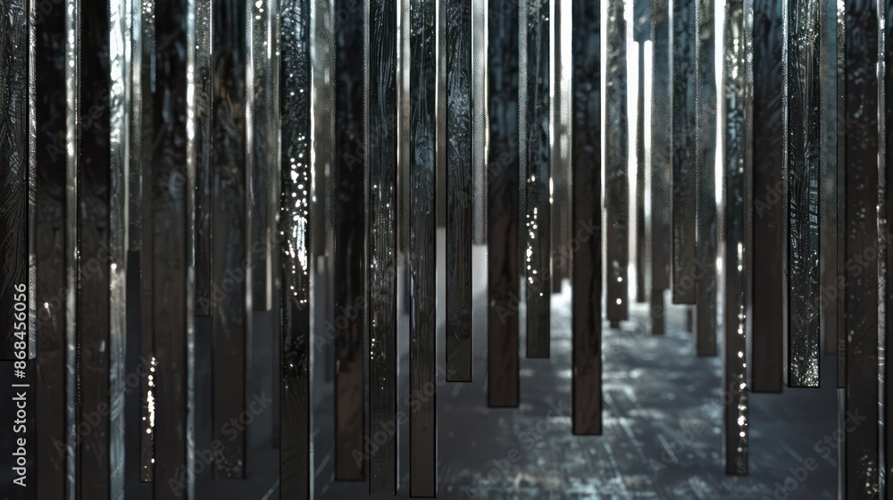 Screen wall composed of vertical metal rods coated in reflective silver paint, creating a shimmering barrier that moves with the wind
