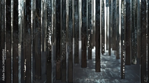Screen wall composed of vertical metal rods coated in reflective silver paint, creating a shimmering barrier that moves with the wind © Ramzan