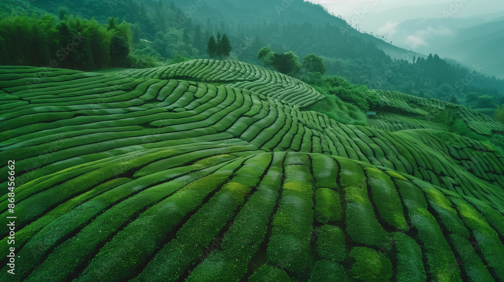 tea plantation on the mountainside, rows of tea plants neatly arranged and lush, Ai generated Images tea plantation on the mountainside, rows of tea plants neatly arranged and lush, Ai generated Images