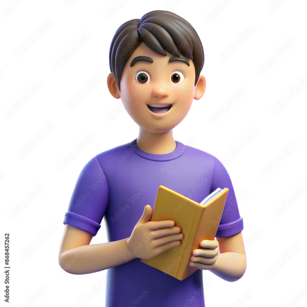 Smiling Cartoon Boy Reading a Yellow Book in a Purple Shirt Smiling Cartoon Boy Reading a Yellow Book in a Purple Shirt
