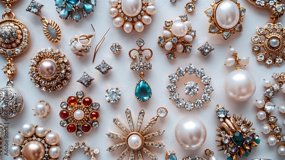 A collection of jewelry scattered on a white background, with earrings, necklaces, brooches, rings A collection of jewelry scattered on a white background, with earrings, necklaces, brooches, rings