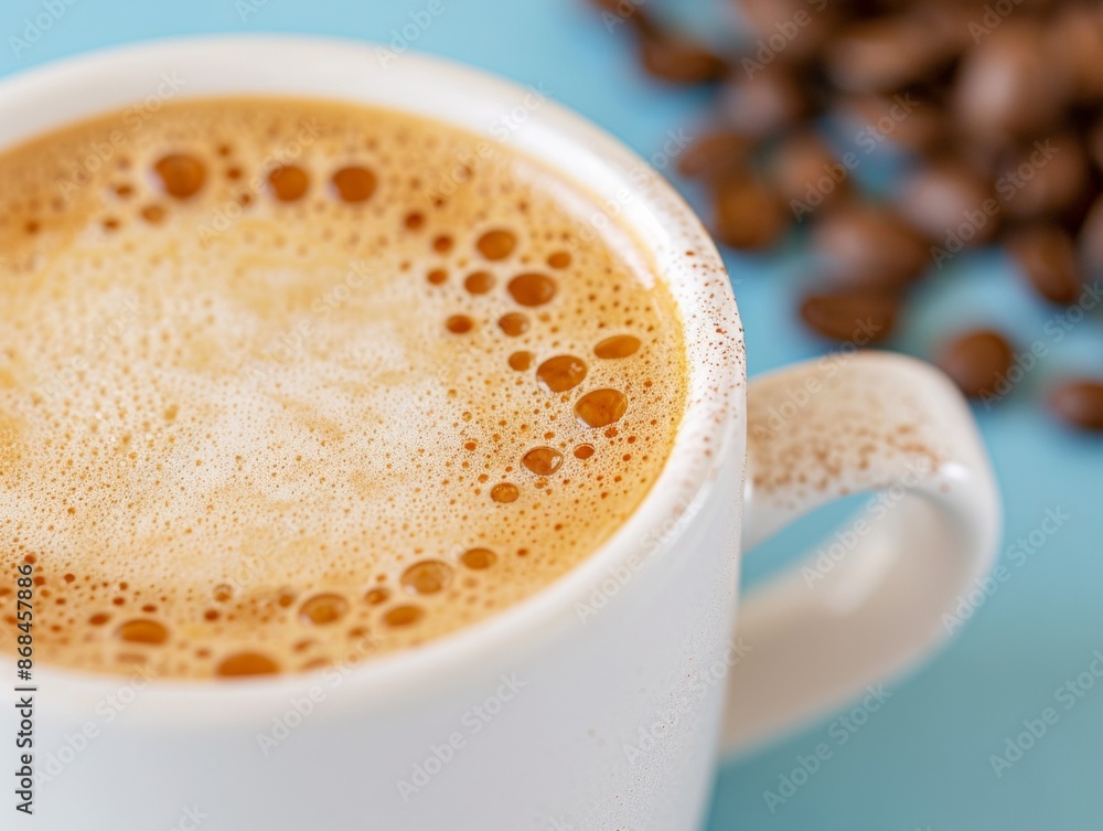 Close-Up of Freshly Brewed Espresso in White Cup with Crema Swirl and Coffee Beans, Perfect Morning Coffee Concept Close-Up of Freshly Brewed Espresso in White Cup with Crema Swirl and Coffee Beans, Perfect Morning Coffee Concept